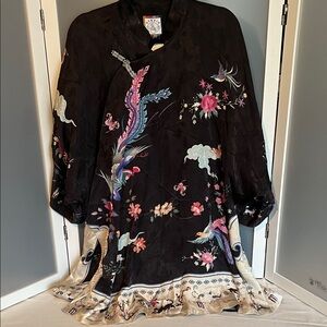 MUKZIN Animal Print Cheongsam Shirt kimono cats birds dynasty L